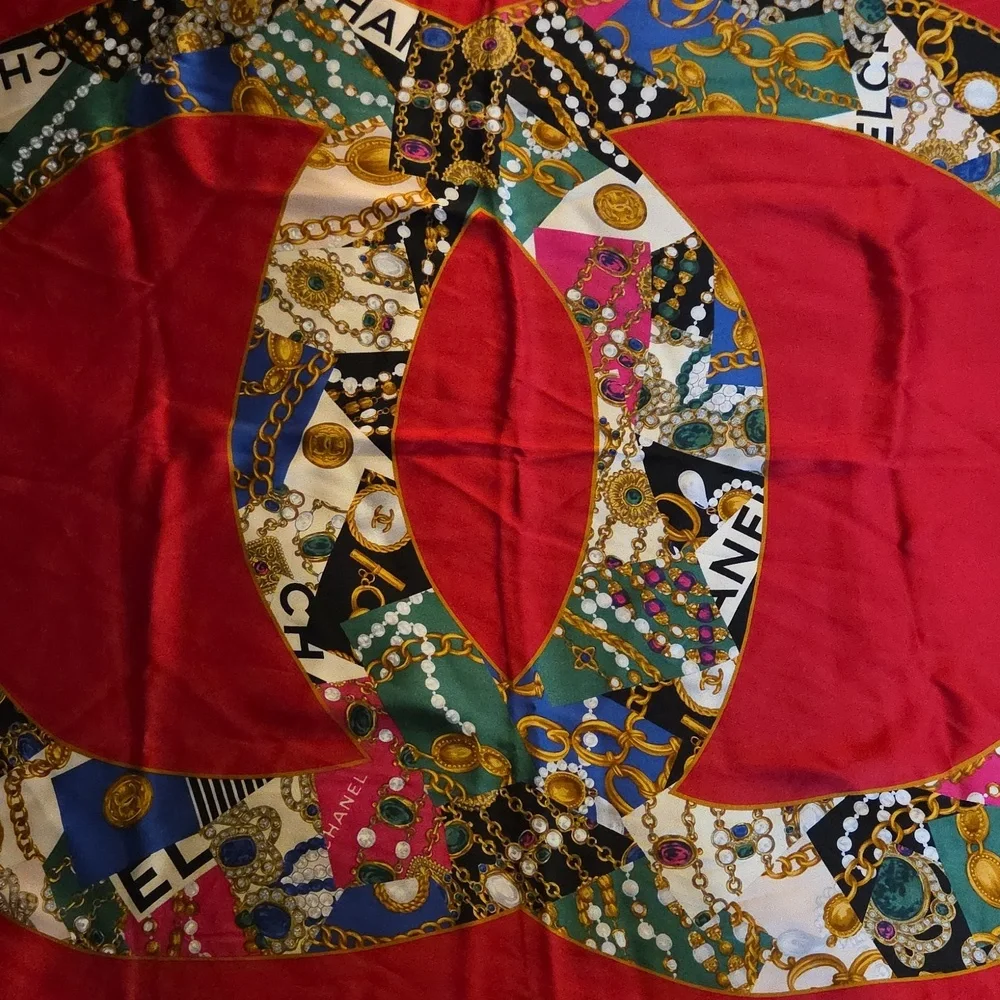 Chanel‎ Multicolor Silk Scarf with Red Base